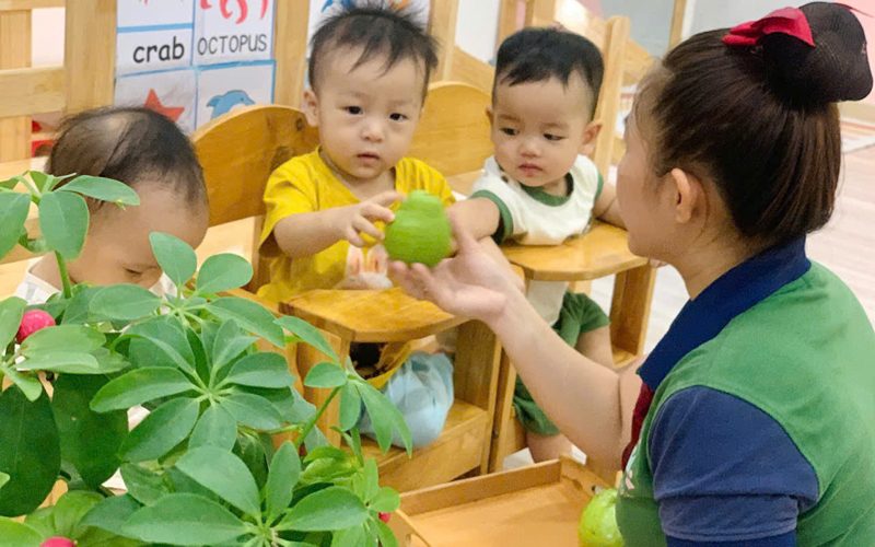 Cô đưa quả cho hai bé nhỏ ngồi ghế ăn